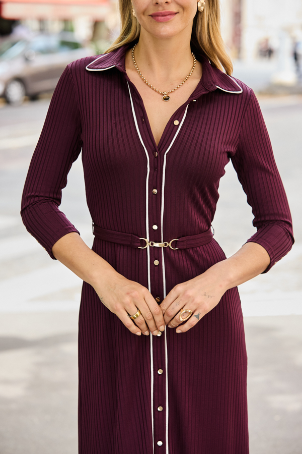 Burgundy Premium Rib Button Front Shirt Dress