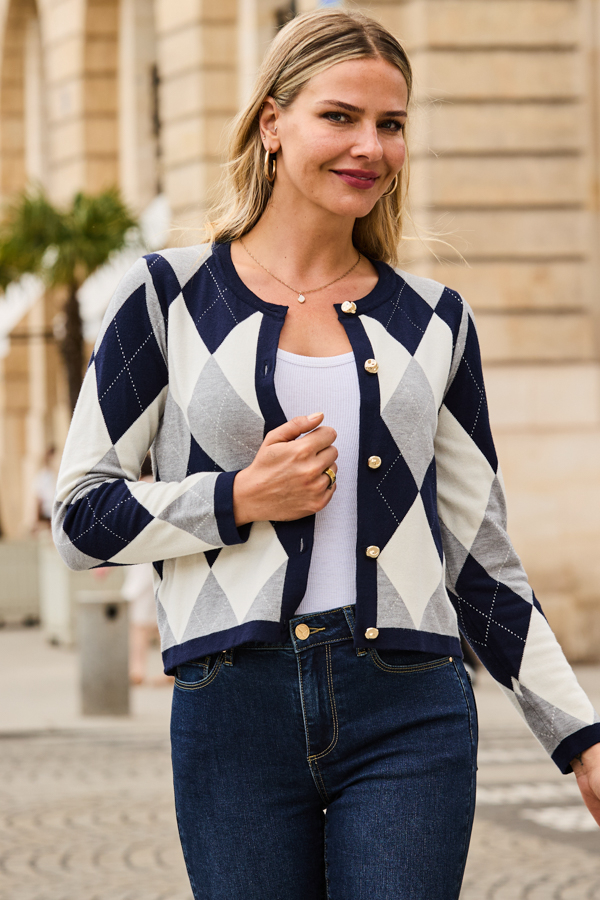 Navy Blue Argyle Gold Button Detail Cardigan