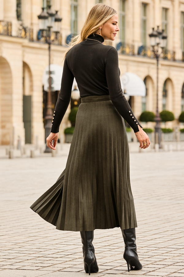 Olive Faux Suede Pleated Midi Skirt