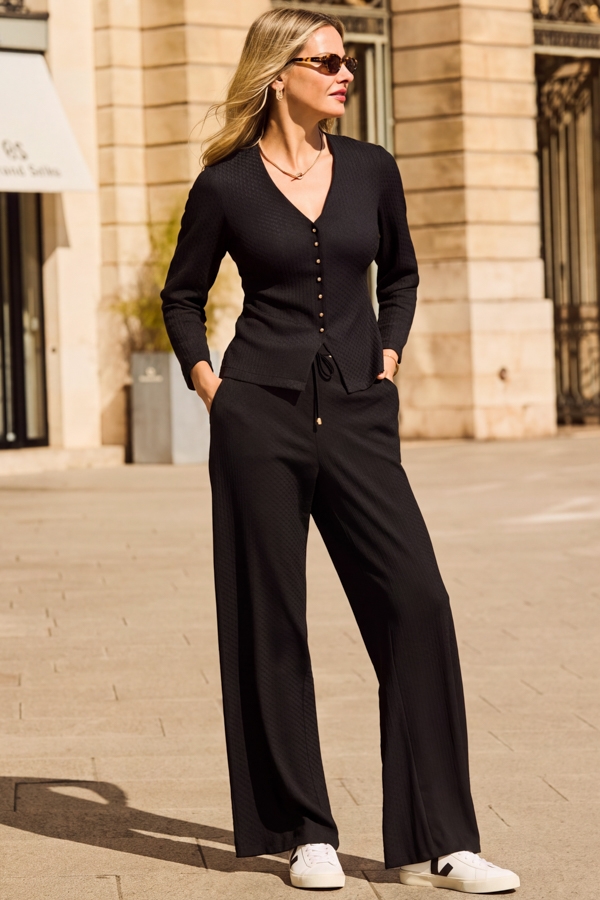 Black Textured Button Detail Top