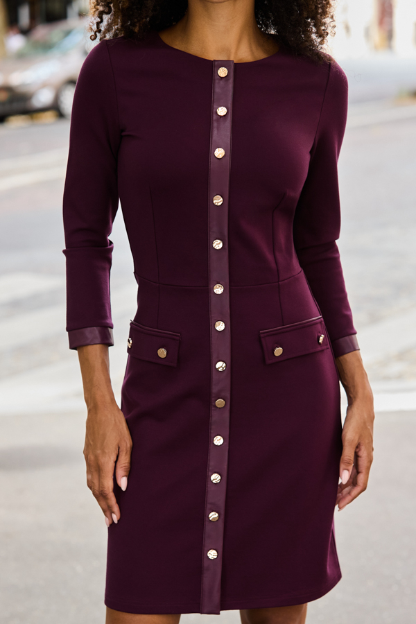 Burgundy Button Detail Ponte Dress With Faux Leather Trim