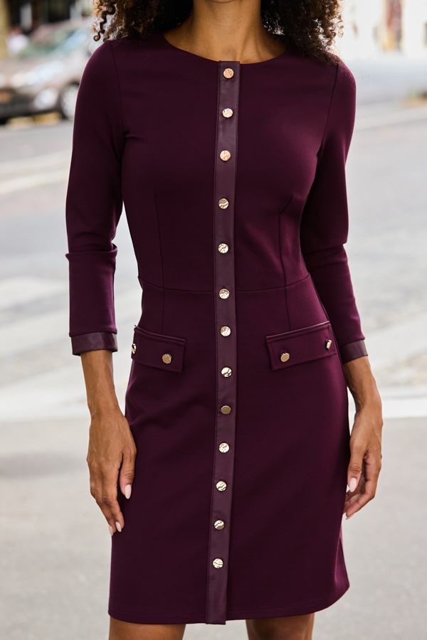 Burgundy Ponte Dress With Faux Leather Trim