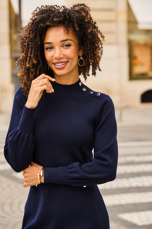 Navy Blue Roll Neck Knitted Shift Dress