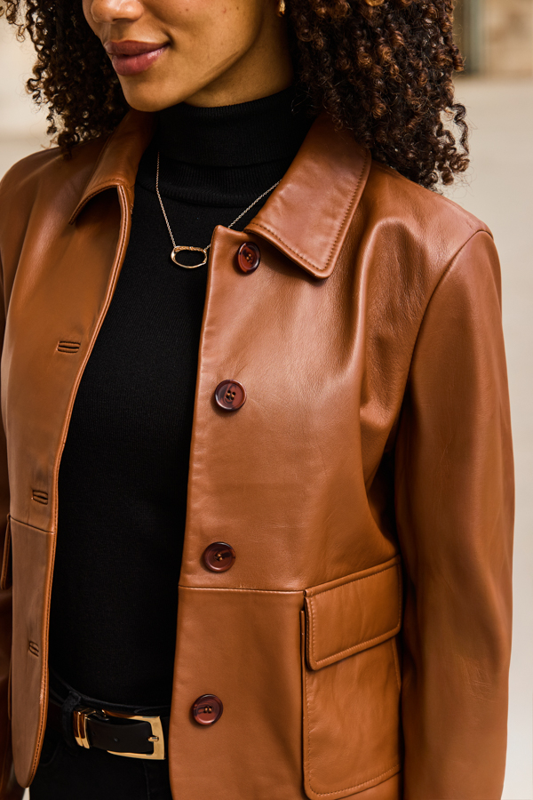Tan Leather Button Front Jacket