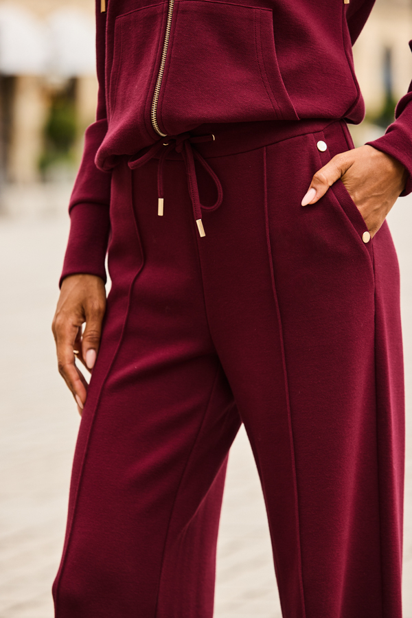 Burgundy Wide Leg Trousers With Gold Detail