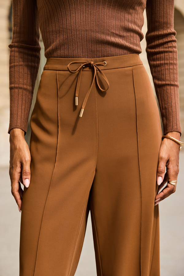 Petite Tan Drawstring Wide Leg Trousers