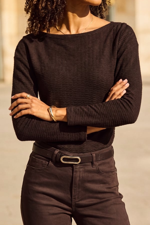 Chocolate Brown Textured Boat Neck Top