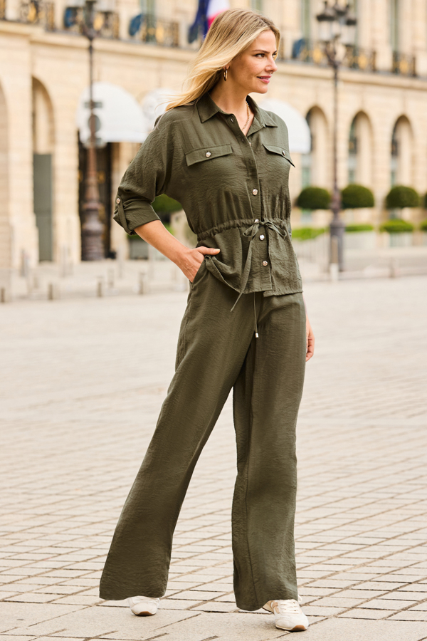 Khaki Green Drawstring Wide Leg Trousers