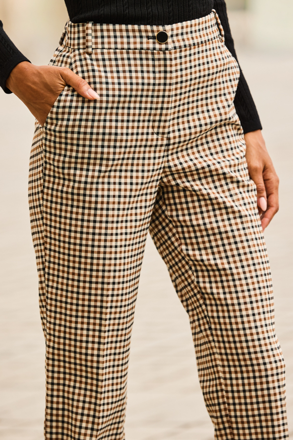Brown Check Print Cigarette Slim Leg Trousers