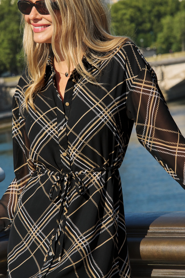 Black Check Print Belted Shirt Dress