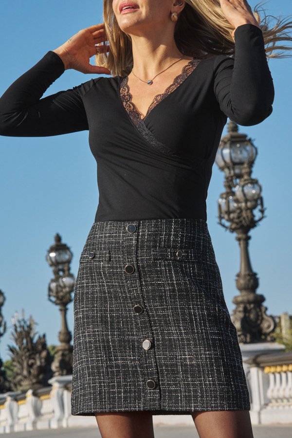 Black Lace Trim V Neck Top