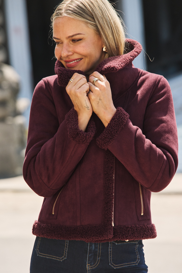 Burgundy Faux Shearling Funnel Collar Jacket