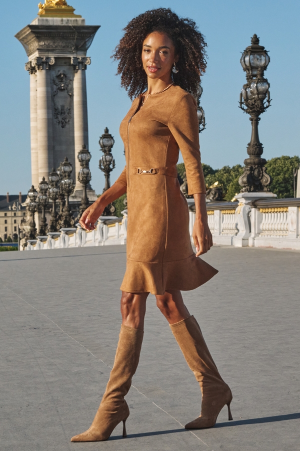 Tan Faux Suede Zip Front Fit & Flare Dress