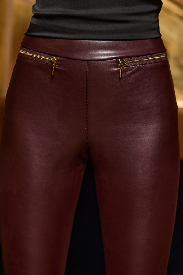 Burgundy Leather Look Premium Leggings With Gold Zip Detail