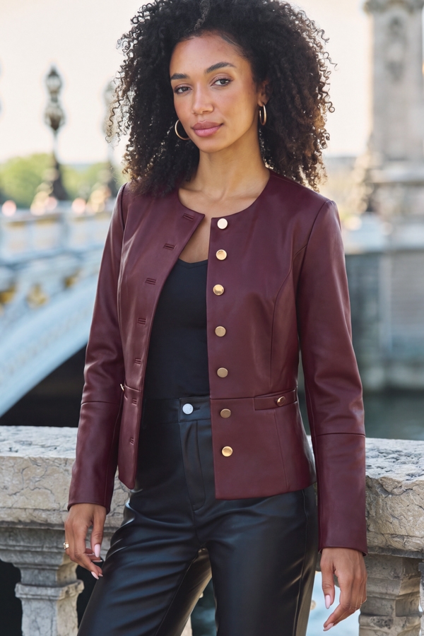 Burgundy Collarless Faux Leather Jacket With Gold Buttons