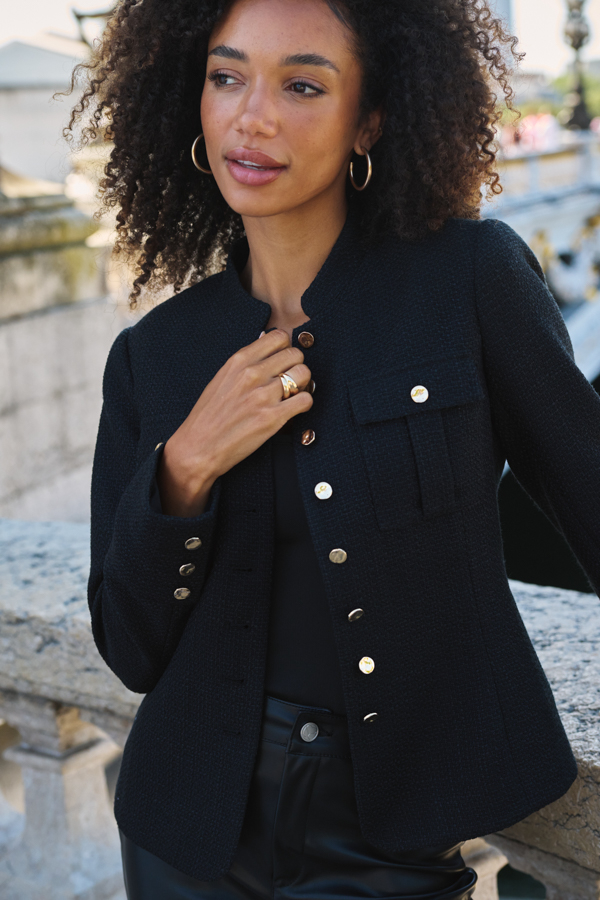Black Boucle Mandarin Collar Jacket