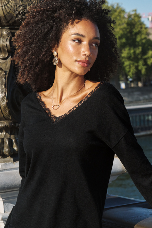 Black Lace Trim V Neck Jumper