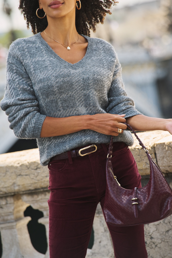 Grey Check Knitted V Neck Jumper
