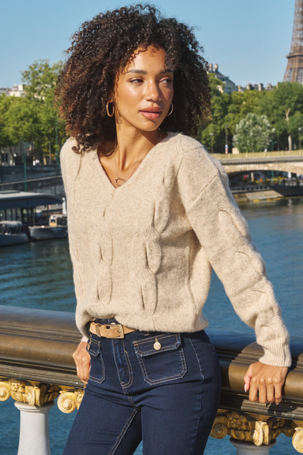 Neutral Cable Knit V Neck Jumper