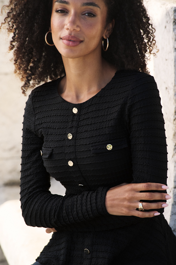 Black Textured Button Front Peplum Top