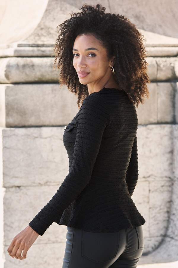 Black Textured Button Front Peplum Top