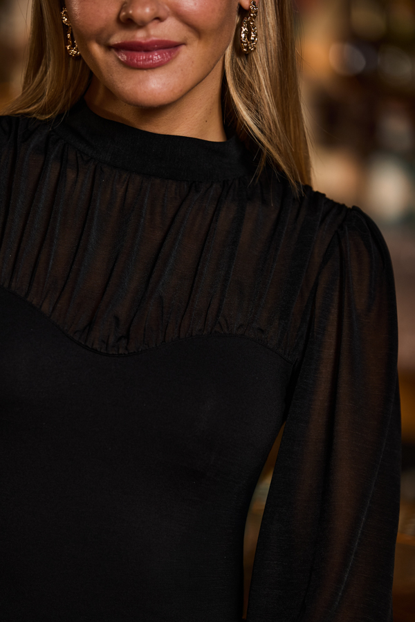 Black Mesh Sweetheart Neck Top