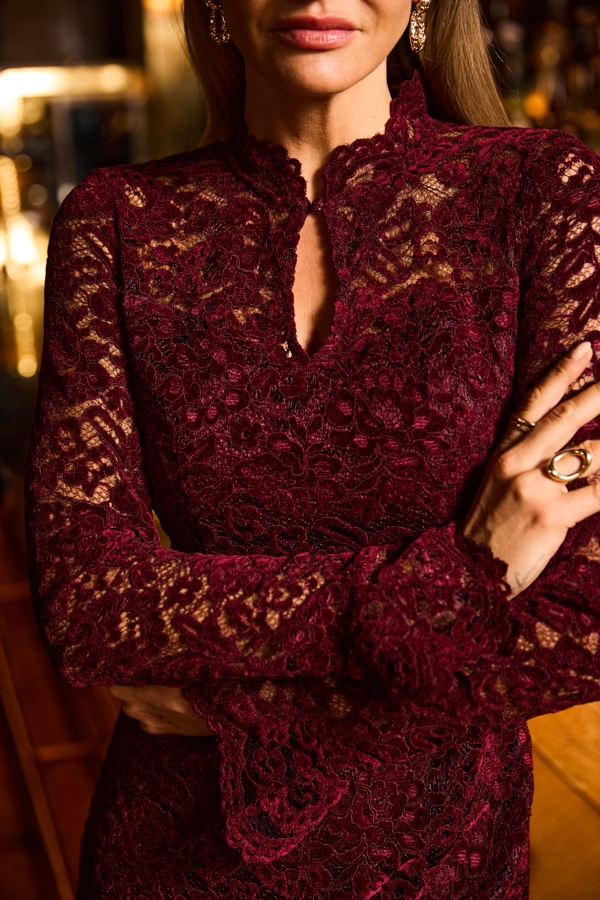 Burgundy Velvet & Lace Mandarin Collar Dress
