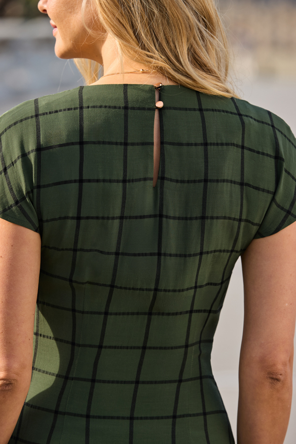 Khaki Green Check Print Cowl Neck Dress