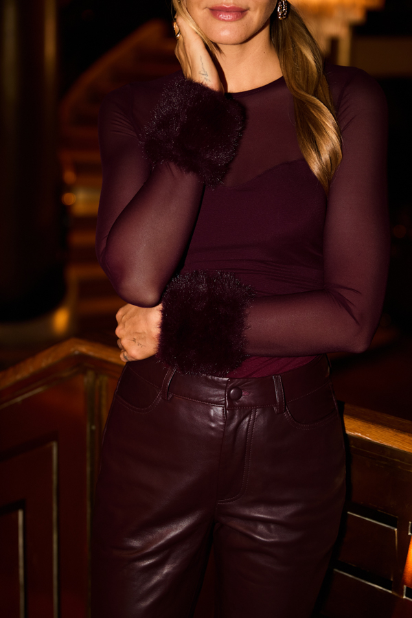 Burgundy High Neck Mesh Top With Faux Fur Cuffs