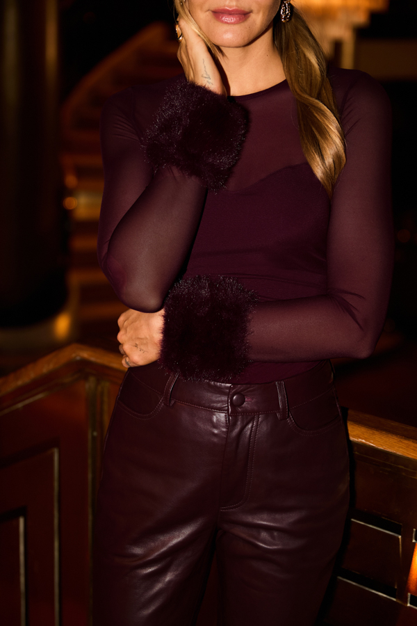 Burgundy High Neck Mesh Top With Faux Fur Cuffs