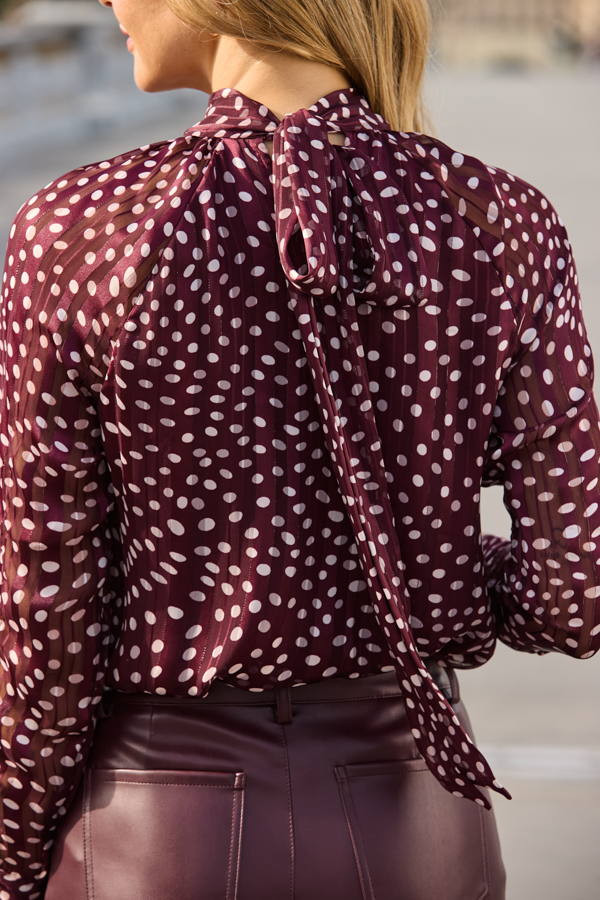 Burgundy Spot Print Satin Tie Detail Blouse