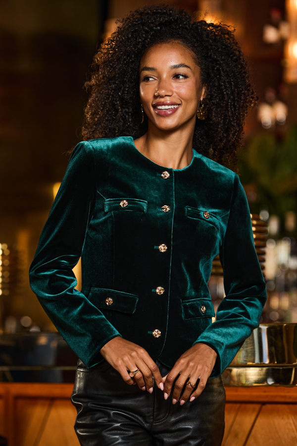 Emerald Green Velvet Collarless Jacket