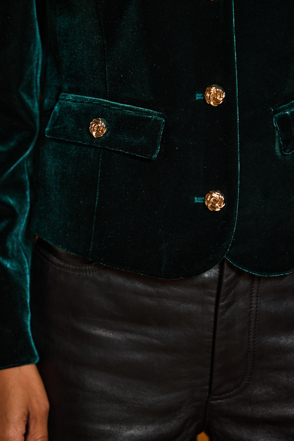 Emerald Green Velvet Collarless Jacket