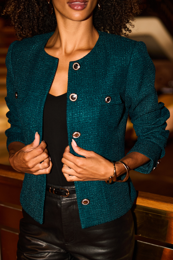 Teal Green Boucle Collarless Jacket