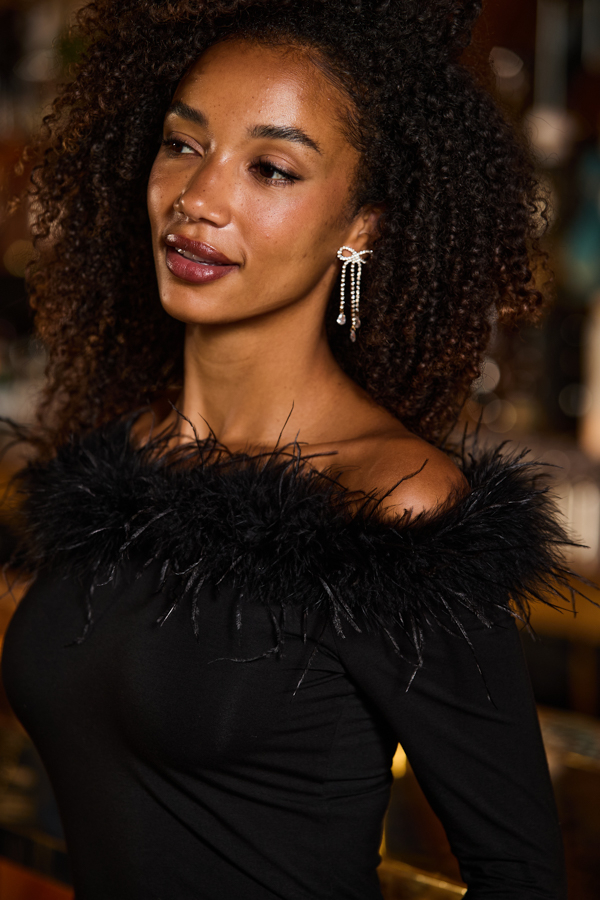 Black Feather Trim Bardot Jersey Top