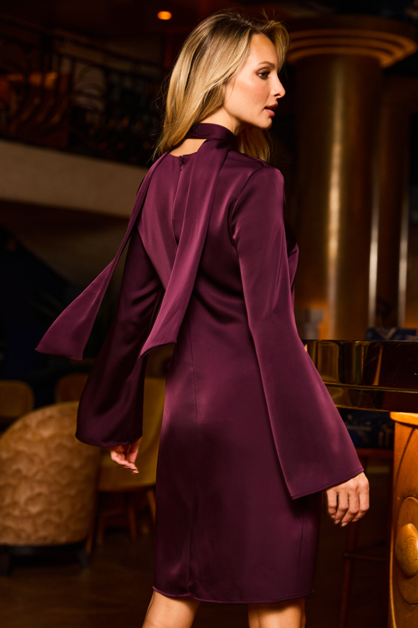 Plum Satin A-Line Shift Dress With Neck Scarf