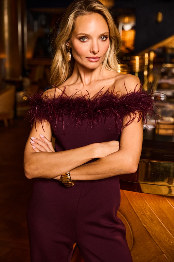 Plum Bardot Feather Trim Jumpsuit