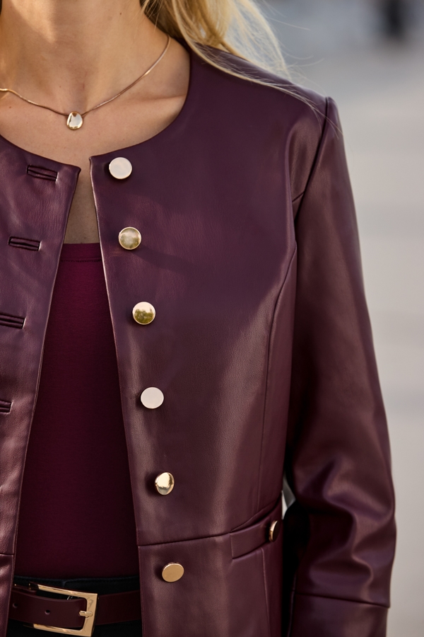 Burgundy Collarless Faux Leather Jacket With Gold Buttons