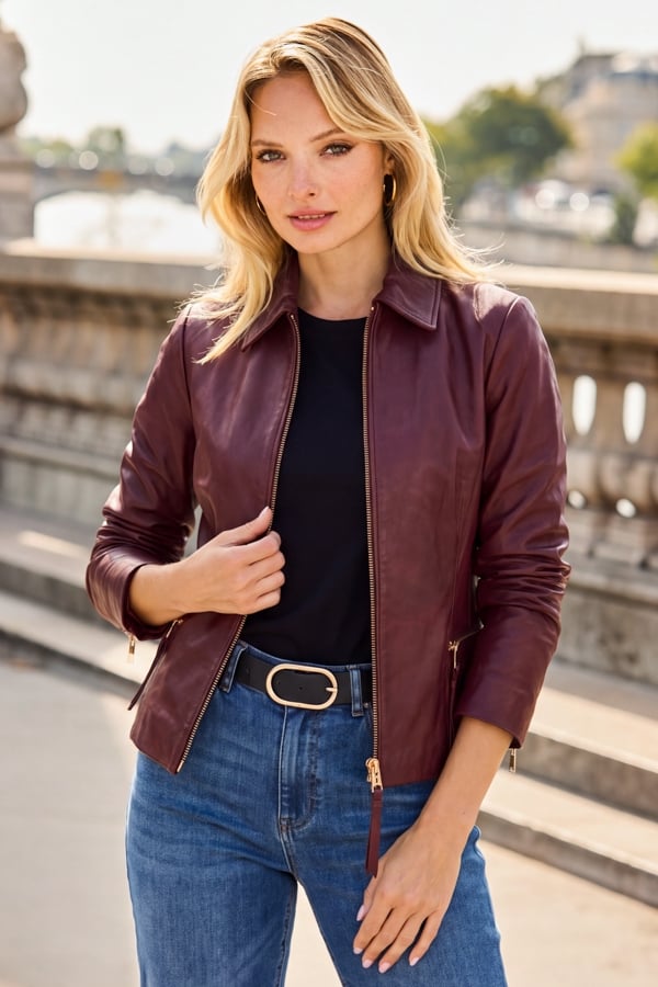 Burgundy Zip Detail Collared Leather Jacket