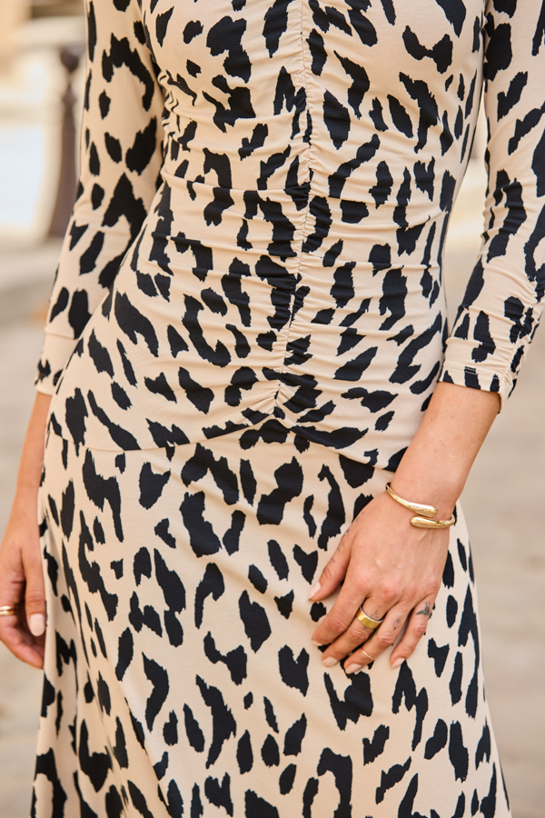 Natural & Black Animal Print Ruched Front Fit & Flare Dress