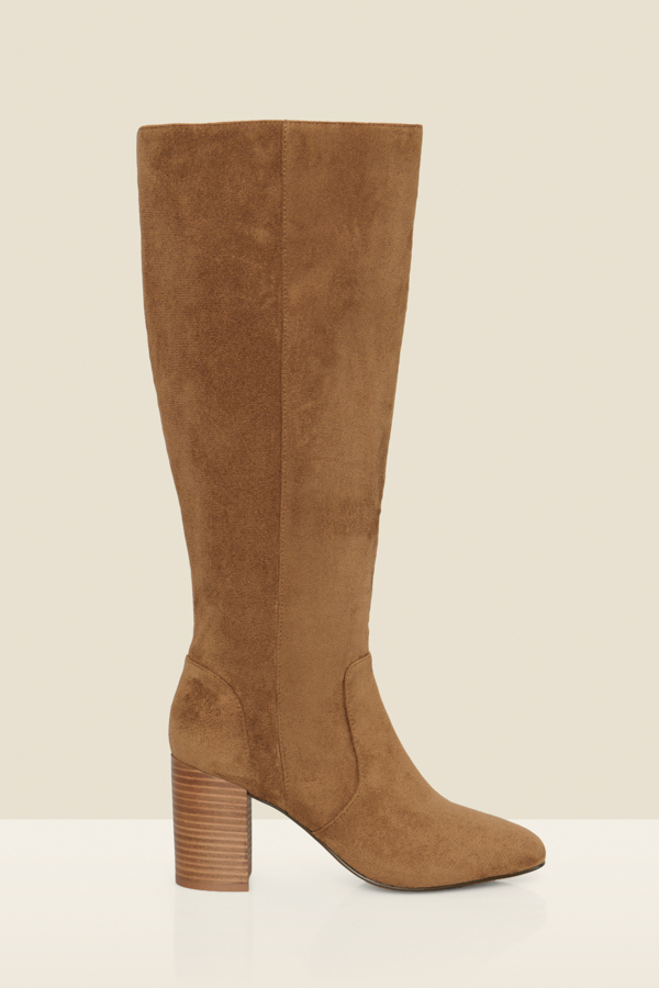 Tan Faux Suede Low Block Heel Knee High Boots