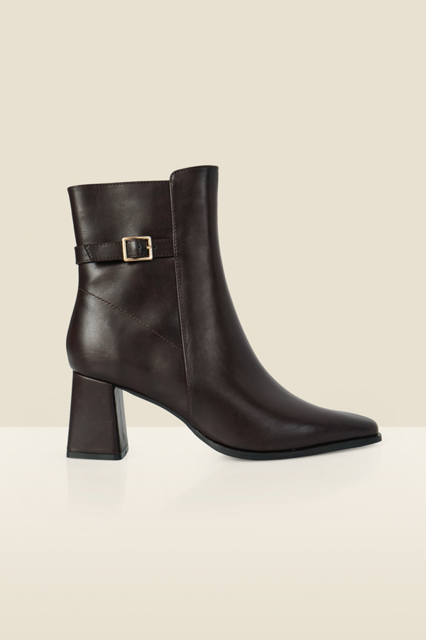 Chocolate Brown Block Heel Ankle Boots With Buckle Trim