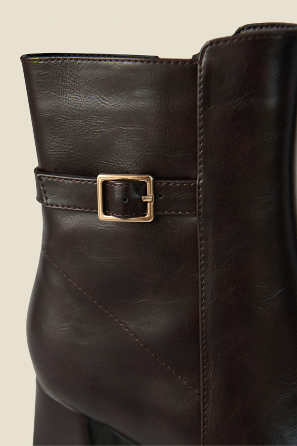 Chocolate Brown Block Heel Ankle Boots With Buckle Trim