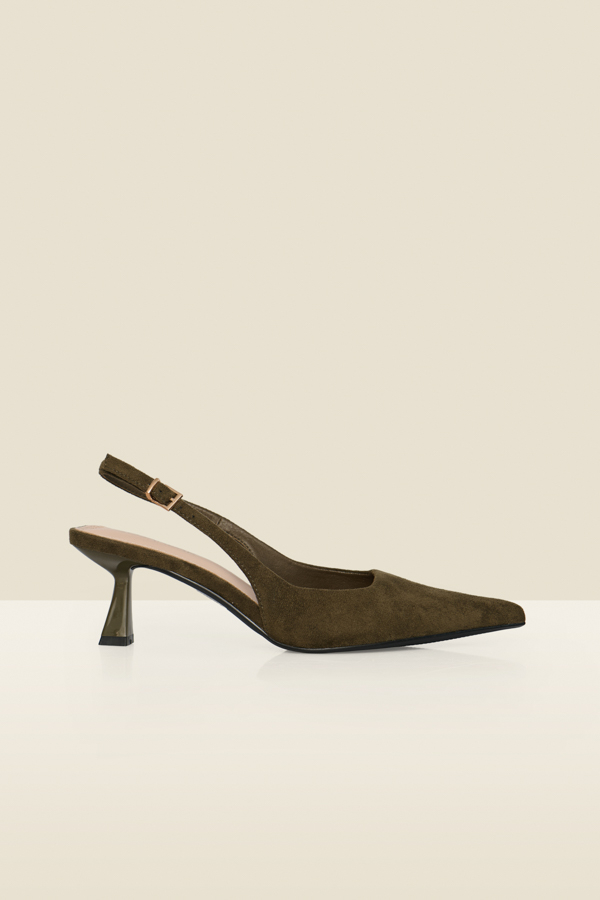 Khaki Green Faux Suede Kitten Heel Slingback Court Shoes