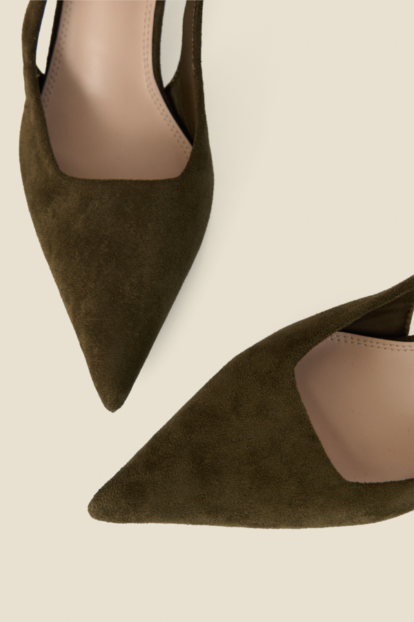 Khaki Green Faux Suede Kitten Heel Slingback Court Shoes