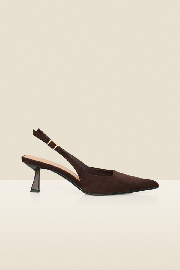 Chocolate Brown Faux Suede Kitten Heel Slingback Court Shoes