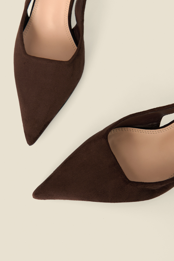 Chocolate Brown Faux Suede Kitten Heel Slingback Court Shoes
