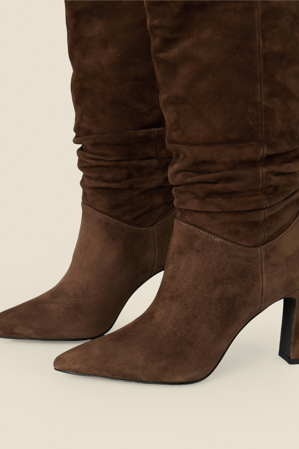 Chocolate Brown Suede Ruched Pointed Toe High Leg Boots