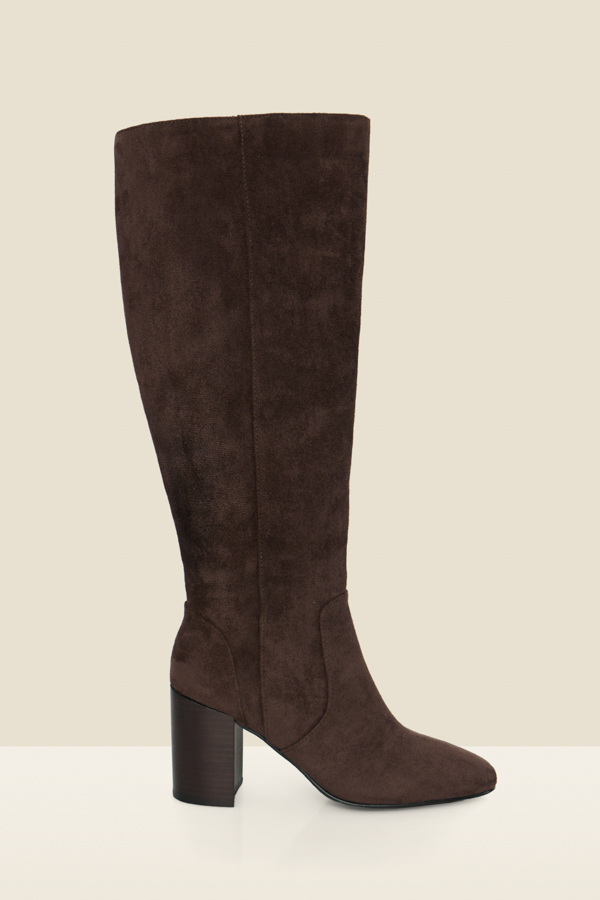 Chocolate Brown Faux Suede Low Block Heel Knee High Boots