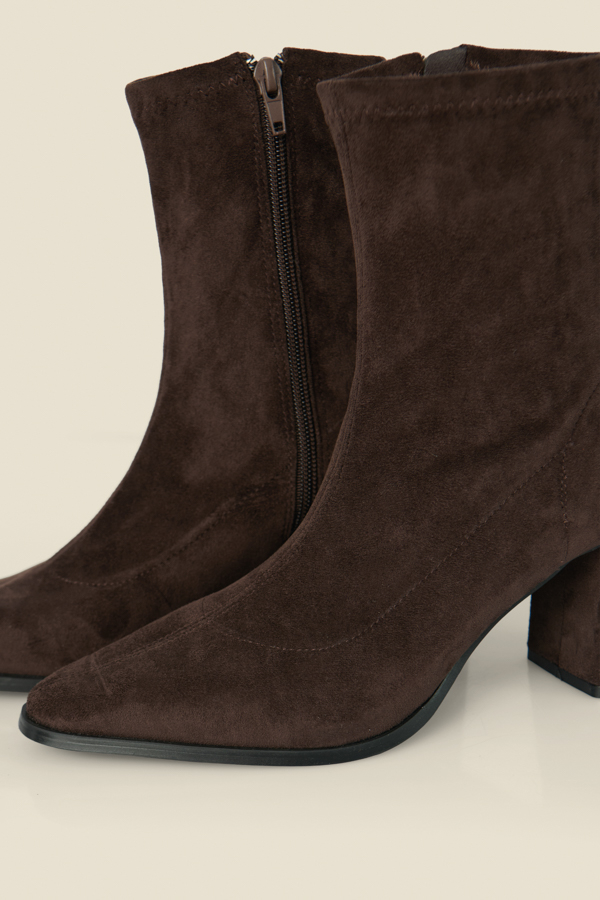 Chocolate Brown Faux Suede Block Heel Ankle Boots
